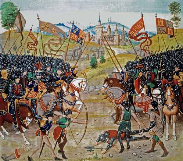 Fr 2643 f.312v Battle of Najera, 1367, from Froissart''s Chronicle a Scuola Francese