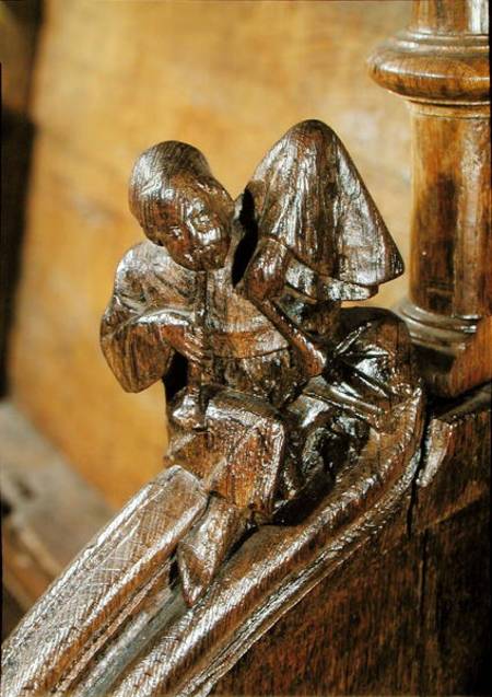 Musician playing a double flute, detail from a choir stall a Scuola Francese