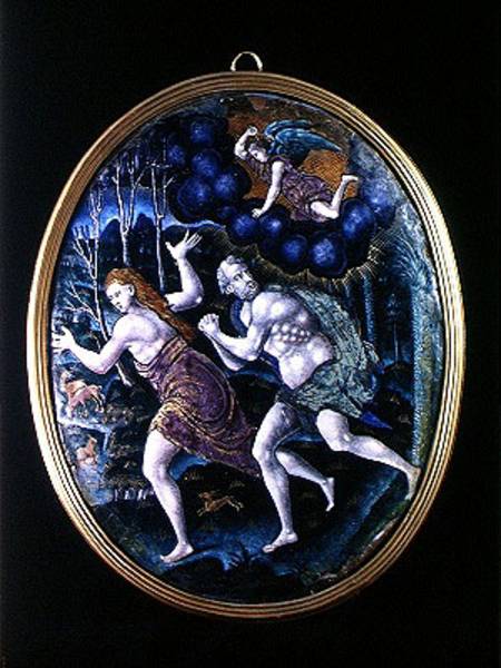 Oval plaque depicting Adam and Eve Expelled from Paradise, Limousin inted a Scuola Francese