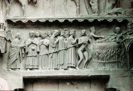 Tympanum from the left portal of the north transcept depicting the Last Judgement, detail of the dam a Scuola Francese
