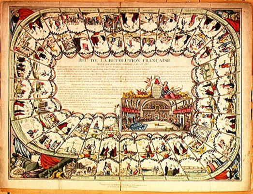 Snakes and ladders board based on the French Revolution, 1791 (coloured engraving) a French School, (18th century)