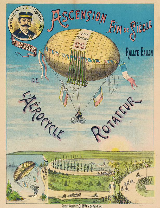 'L'Aerocycle Rotateur', advertising poster for the hot-air balloon bicycle a French School, (19th century)