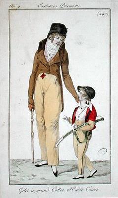 High necked waistcoat and short morning coat, from Costumes Parisiens, 1801 (coloured engraving) a French School, (19th century)