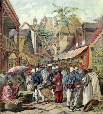 The Madagascar Expedition, French soldiers in a street in Tananarive, from 'Le Petit Journal', 27th a French School, (19th century)