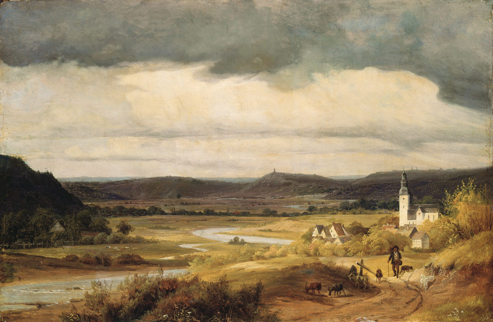 Deutsche Landschaft (Das Lennetal bei Hohensyburg mit der Kirche von Elsey) a Friedrich Heunert