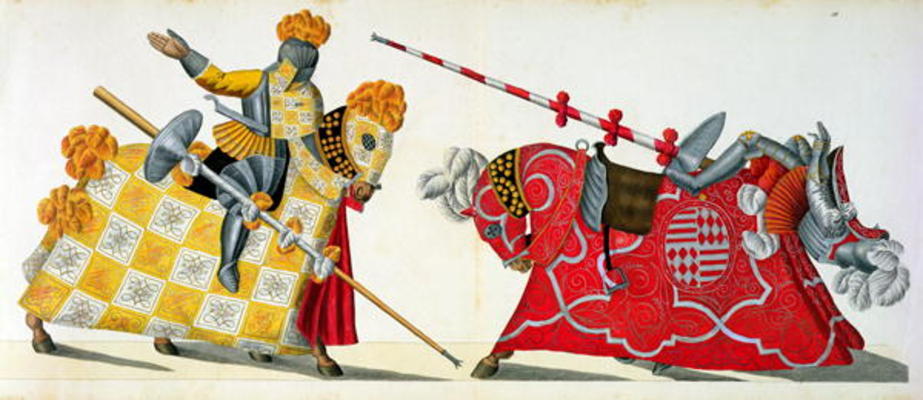 Two knights at a tournament, plate from 'A History of the Development and Customs of Chivalry', by D a Friedrich Martin von Reibisch