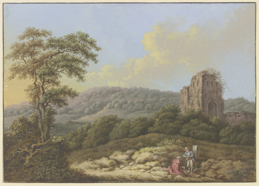 Landschaft mit einer Ruine, links ein hoher Baum, im Vordergrund zwei Wanderer a Friedrich Rauscher
