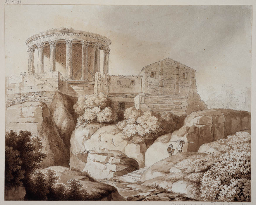 Der sogenannte Sibyllentempel zu Tivoli, der Tempel steht von Gebäuden umgeben über baumbestandenen  a Friedrich Wilhelm Gmelin