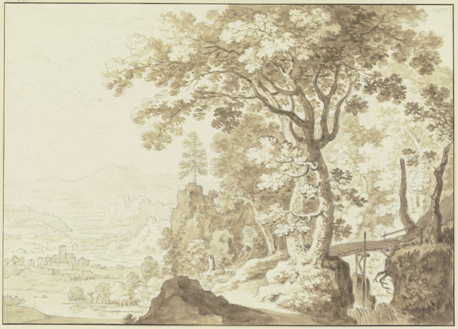 Gebirgslandschaft, links ein Talblick, rechts hohe Bäume und ein Steg über eine Schlucht a Friedrich Wilhelm Hirt