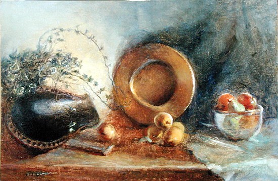 Brass Plate with Fruit and Black Wooden Bowl (oil on canvas)  a Gail  Schulman