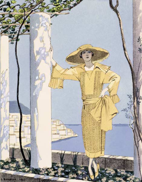 Amalfi, illustration of a woman in a yellow dress by Worth, 1922 (pochoir print) a Georges Barbier