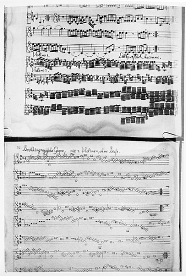 Score for Telemann''s Suite for two violins, the ''Gulliver Suite'', including the ''Chaconne of the a Scuola Tedesca