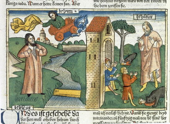 2 Kings 2 1-24 Elijah ascends to Heaven in a whirlwind and the boys who mocked Elisha are eaten by b a German School, (15th century)
