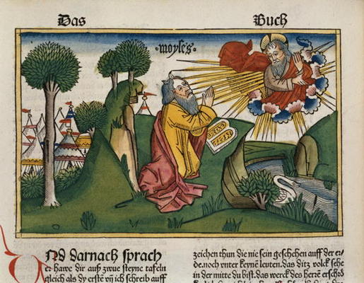 Exodus 34 1-10 Moses receives the second tablets with the Ten Commandments (coloured woodcut) a German School, (15th century)