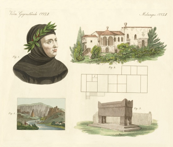 Petrarca, His flat in Arqua, His tomb together with a view of Vaucluse a German School, (19th century)