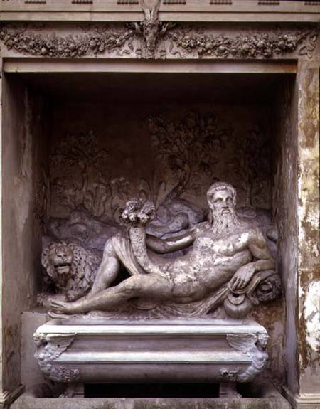 The Nymphaeum, detail of a statue of a river god within a niche holding a cornucopia, designed a Giacomo Vignola and Bartolomeo Ammannati