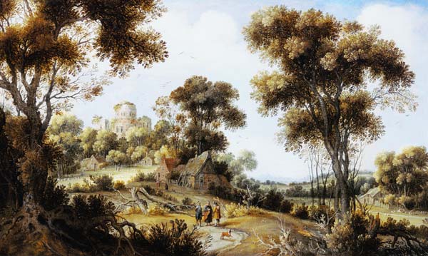 An Extensive Wooded Landscape with Christ on the Road to Emmaus a Gillis Claesz d' Hondecoeter
