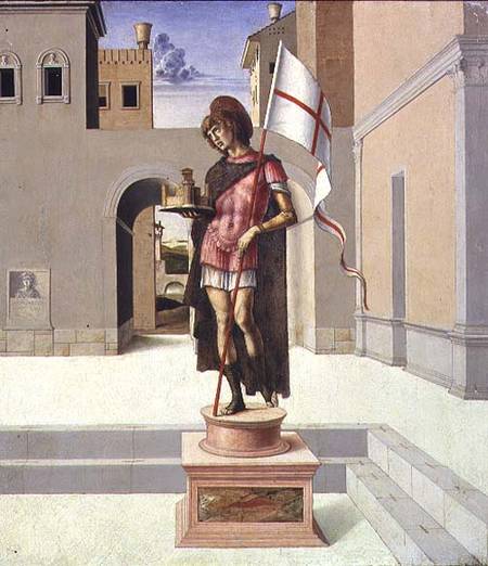 St. George depicted as a polychrome statue in a town square, predella a Giovanni Bellini
