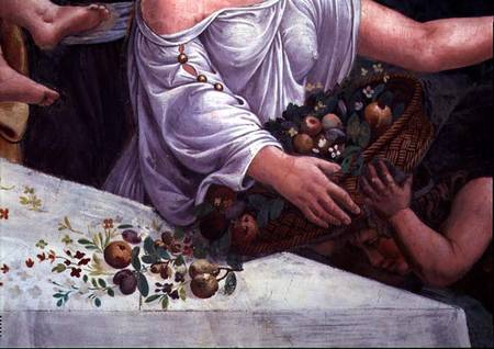 A basket of fruit and flowers, detail of the rustic banquet celebrating the marriage of Cupid and Ps a Giulio Romano