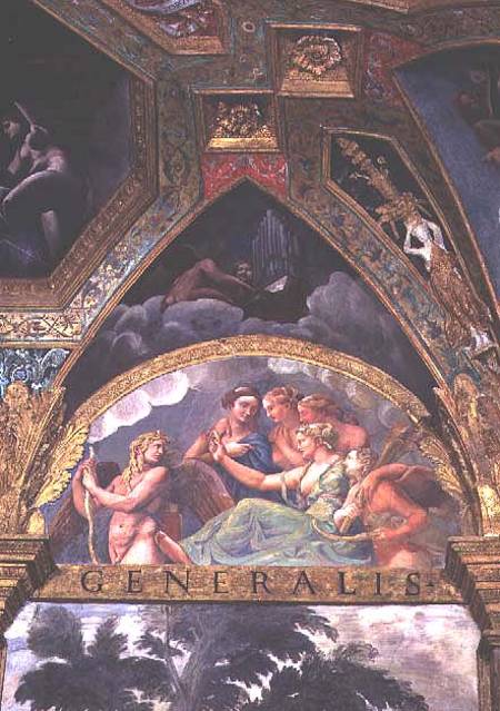Cupid with Venus and Mercury whom she is sending to capture Psyche, lunette from the Sala di Amore e a Giulio Romano