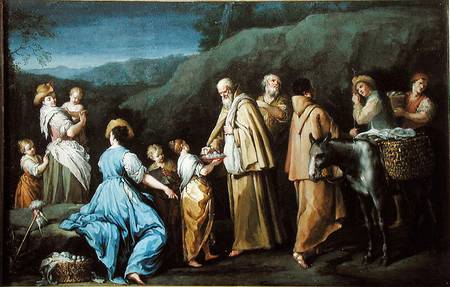 Young Girl Offering Eggs to a Group of Monks a Giuseppe Gambarini