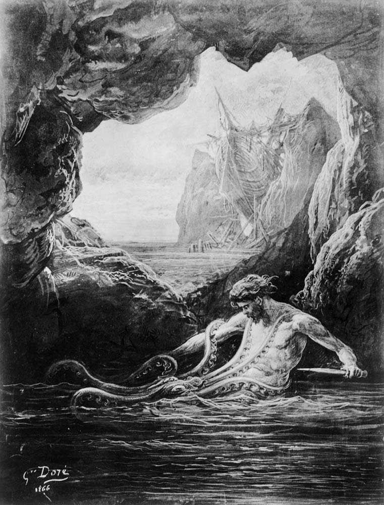 Gilliatt struggles with the giant octopus, illustration from ''Les Travailleurs de la Mer'' by Victo a Gustave Doré
