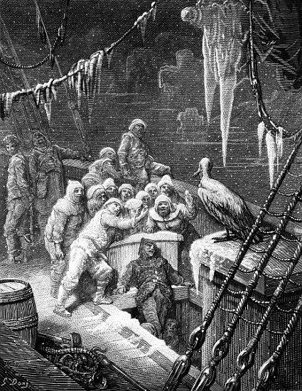 The albatross being fed the sailors on the the ship marooned in the frozen seas of Antartica, scene  a Gustave Doré