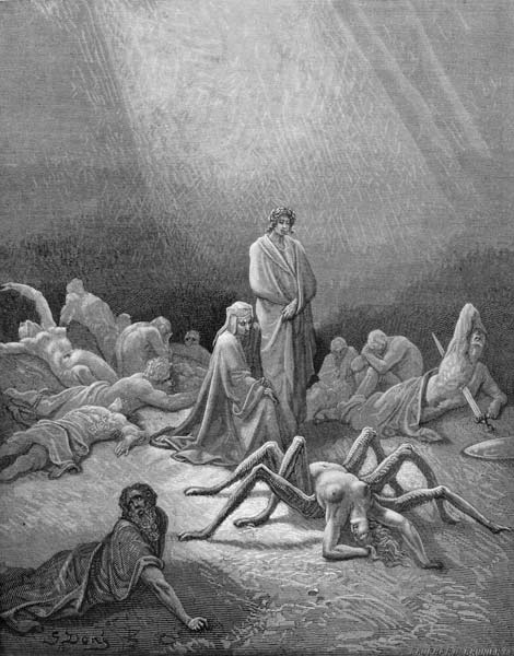Virgil (70-19 BC) and Dante looking at the spider woman, illustration from ''The Divine Comedy'' (In a Gustave Doré