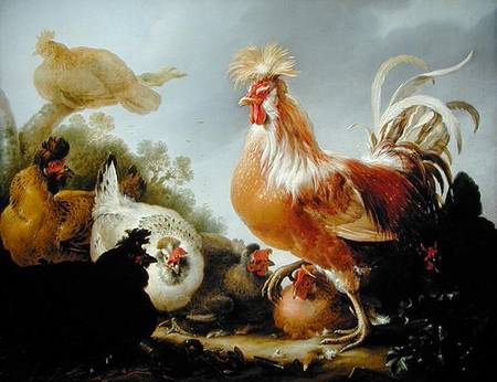 Cockerel and hens in a landscape a Gysbert Hondecoeter