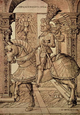 Emperor Maximilian I riding a horse, 1518 (engraving) a Hans Burgkmair