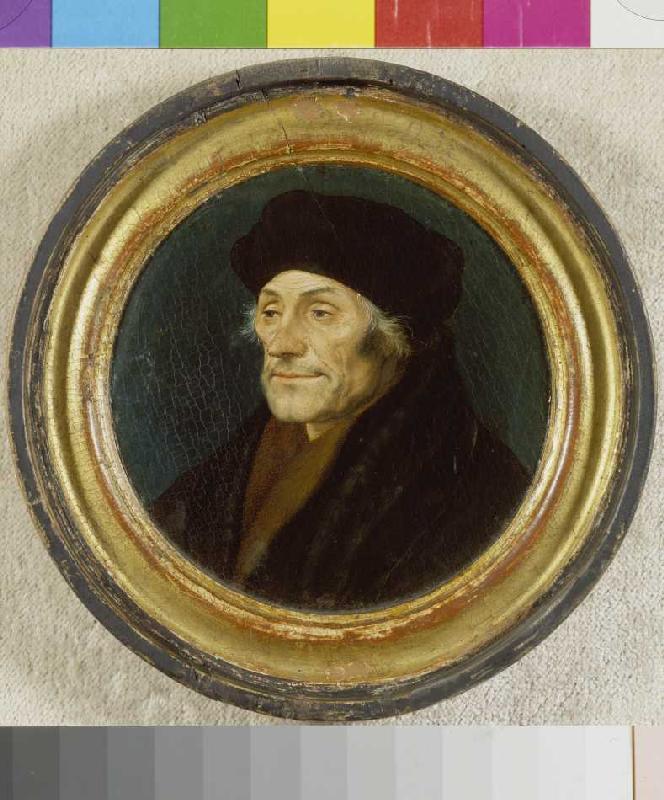 Portrait of the Erasmus of Rotterdam in it round. a Hans Holbein Il Giovane