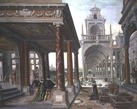 Cappricio of palace architecture with Figures Promenading a Hans or Jan Vredeman de Vries