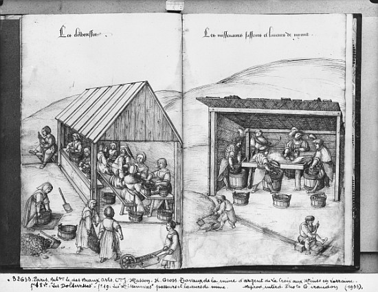 Silver mine of La Croix-aux-Mines, Lorraine, fol.18v and fol.19, sorting out and washing the ore, c. a Heinrich Gross or Groff