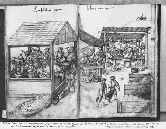 Silver mine of La Croix-aux-Mines, Lorraine, fol.15v and fol.16r, miners sorting the ore out, c.1530 a Heinrich Gross or Groff