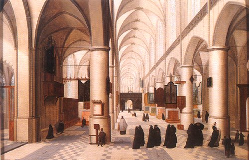 Church inside with baptizing scene a Hendrick van Steenwijck il Vecchio