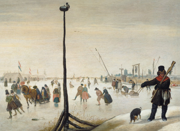 A duck hunter and his dog in a winter landscape (panel) a Hendrik Averkamp