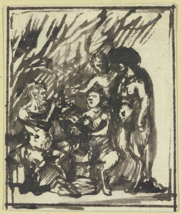 Gruppe von vier Satyrn, von denen einer Rohrpfeife spielt a Hendrik Goudt