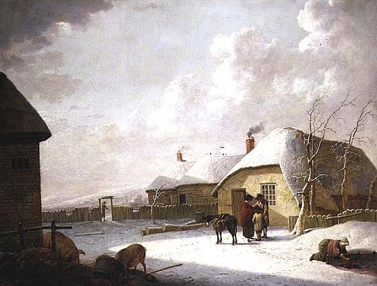 Figures Outside a Cottage in the Snow a Hendrik Willem Schweickardt