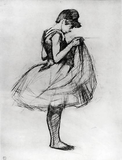 Dancer adjusting her costume and hitching up her skirt a Henri de Toulouse-Lautrec