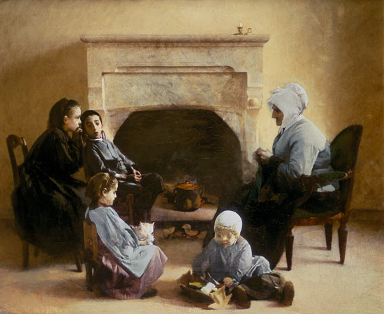 Family seated around a hearth a Henri Jules Jean Geoffroy