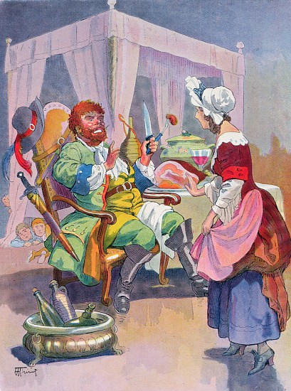 The Ogre smells fresh human flesh, illustration for a Perrault fairy tale Tom Thumb (Le Petit Poucet a Henri Thiriet
