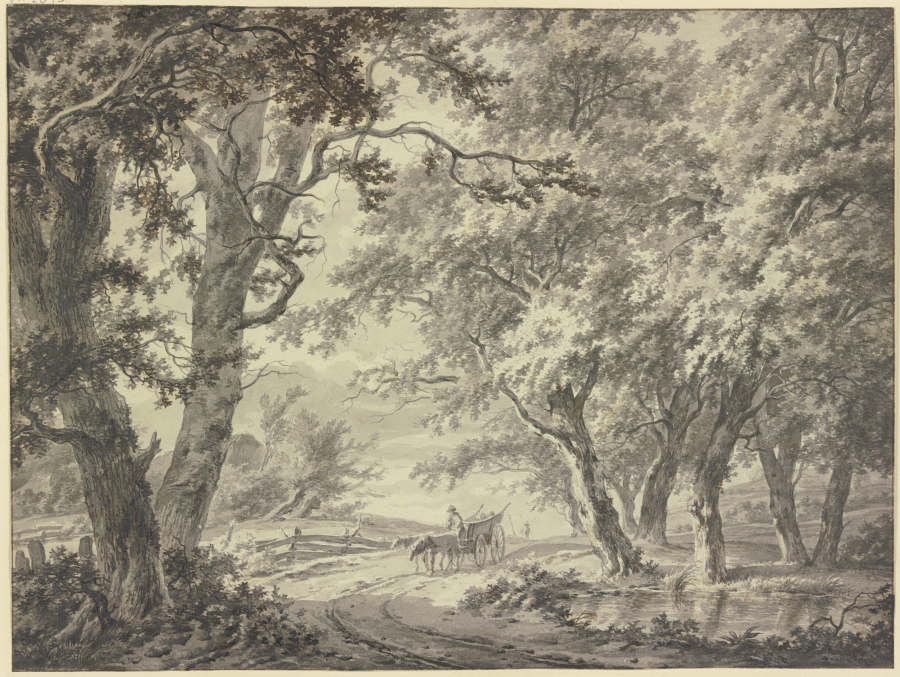Weg in den Wald, am Weg ein Gatterzaun und ein Bauernwagen mit zwei Pferden a Hermanus van Brussel