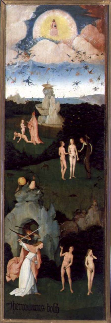 The Haywain: left wing of the triptych depicting the Garden of Eden a Hieronymus Bosch