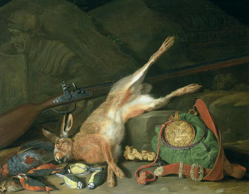 Still Life of a Hare with Hunting Equipment (oil on canvas) (for pair see 93439) a Hieronymus the Elder Galle