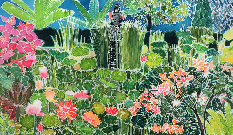 Lotus Pond, Ubud, Bali, 1997 (coloured inks on silk)  a Hilary  Simon
