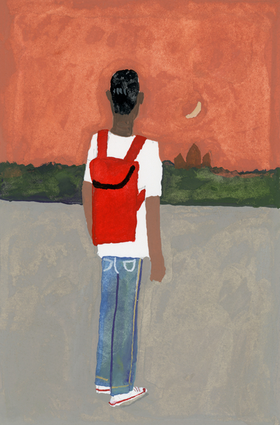 A traveler carrying a red backpack a Hiroyuki Izutsu