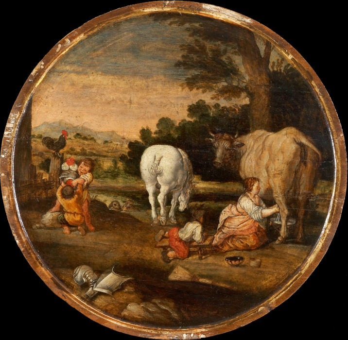 Country Scene with Milkmaid and Children Playing with Armour: March and April a Holländischer Meister um 1620