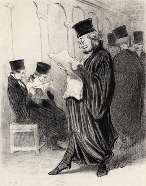 Lawyer Chabotard while reading in a legal journal a eulogy on himself...  (From the series "Les gens a Honoré Daumier