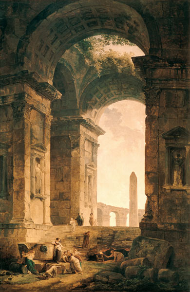 Blick aus Ruinen auf einen Obelisk a Hubert Robert