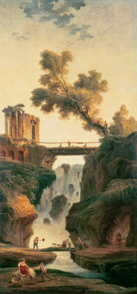 Landscape with waterfall a Hubert Robert